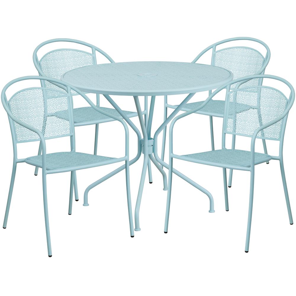 Commercial Grade 35.25" Round Sky Blue Indoor-Outdoor Steel Patio Table Set with 4 Round Back Chairs. Picture 1