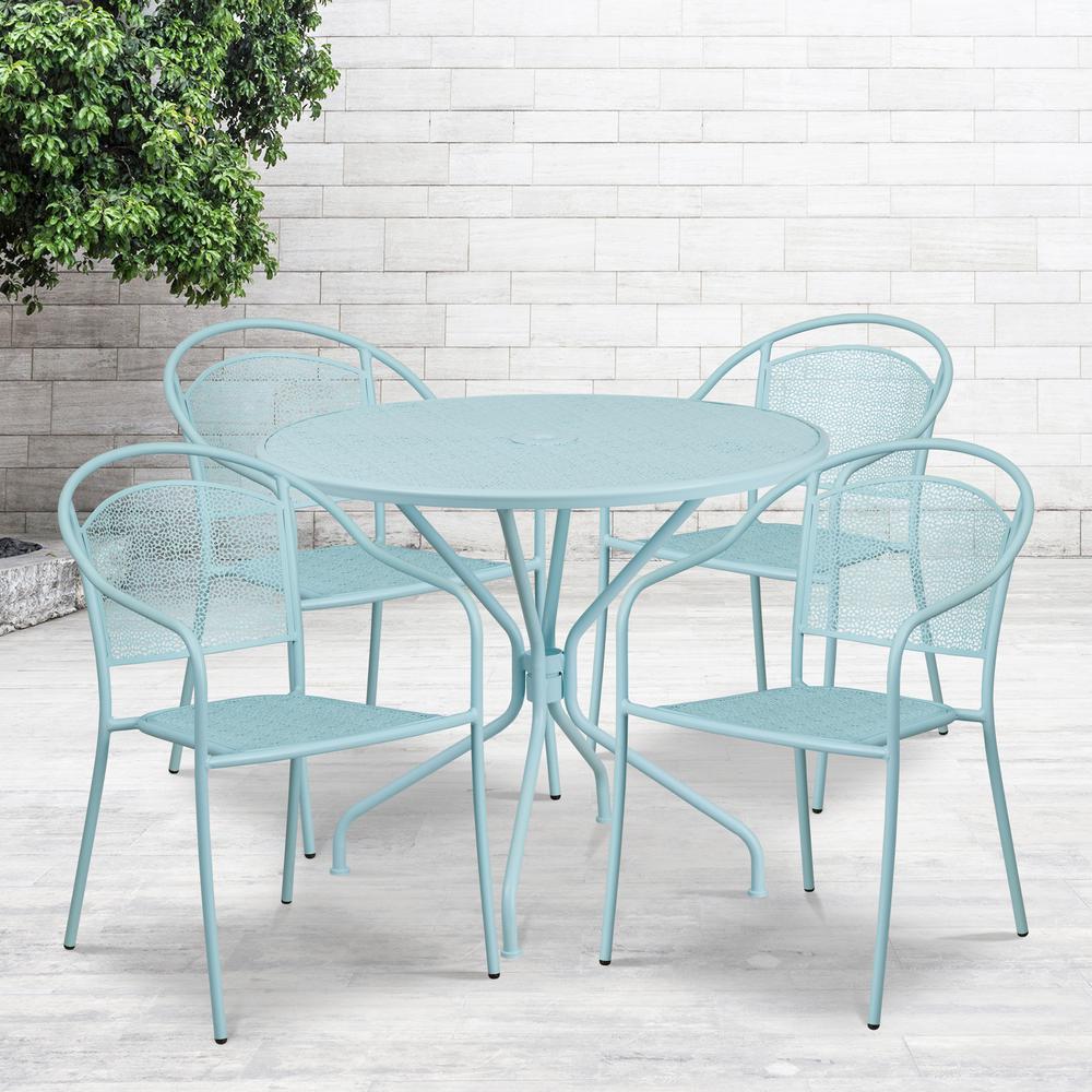 Commercial Grade 35.25" Round Sky Blue Indoor-Outdoor Steel Patio Table Set with 4 Round Back Chairs. Picture 4