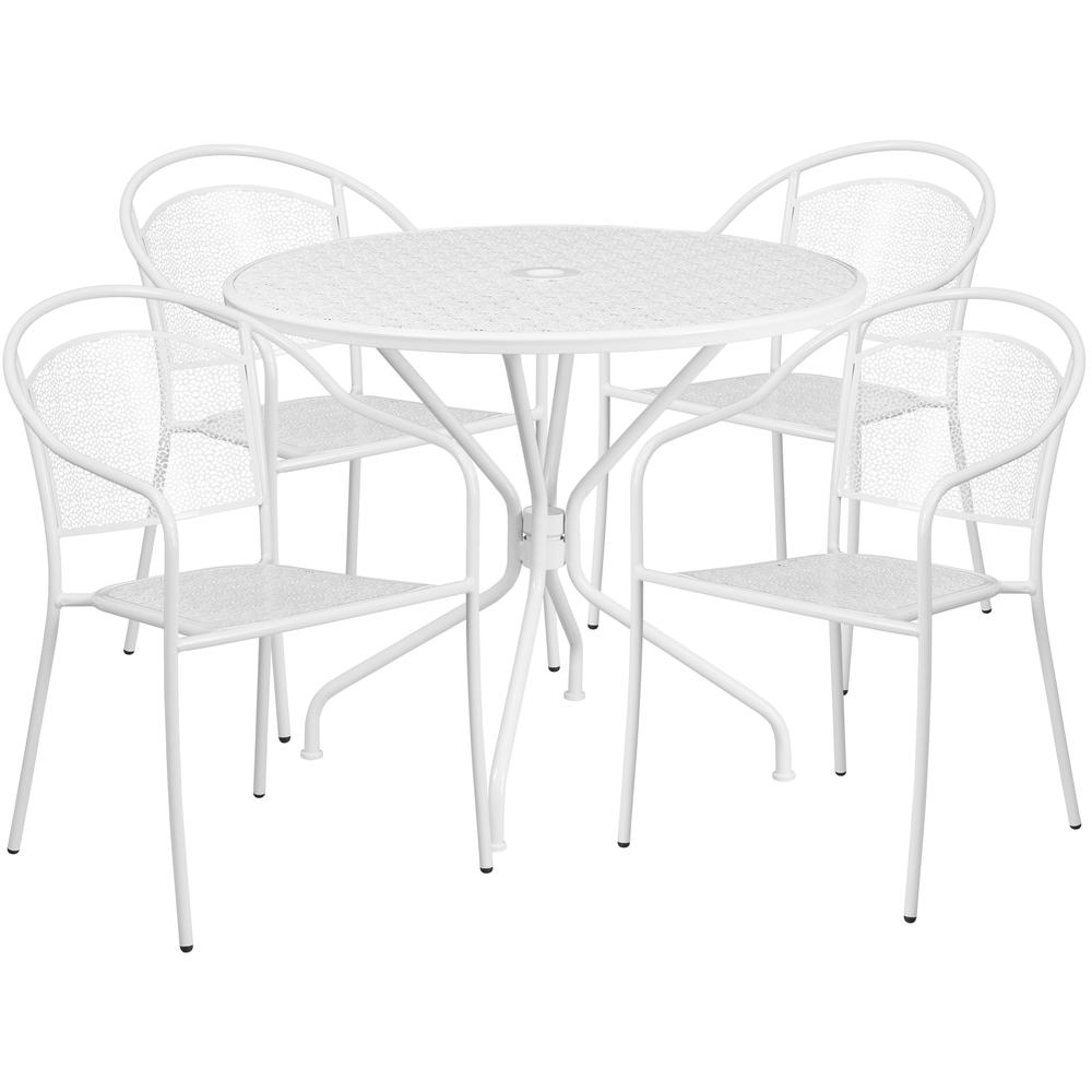 Commercial Grade 35.25" Round White Indoor-Outdoor Steel Patio Table Set with 4 Round Back Chairs. Picture 1