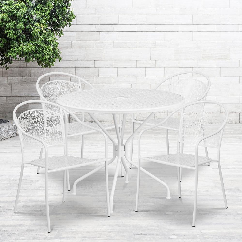 Commercial Grade 35.25" Round White Indoor-Outdoor Steel Patio Table Set with 4 Round Back Chairs. Picture 4