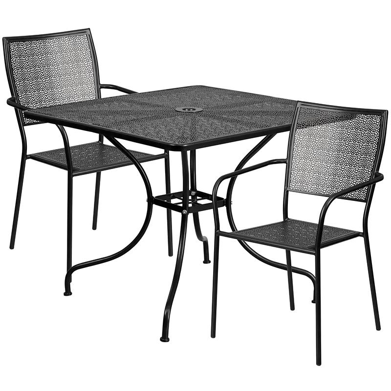 35.5" Black Indoor-Outdoor Steel Patio Table Set with 2 Back Chairs. Picture 2
