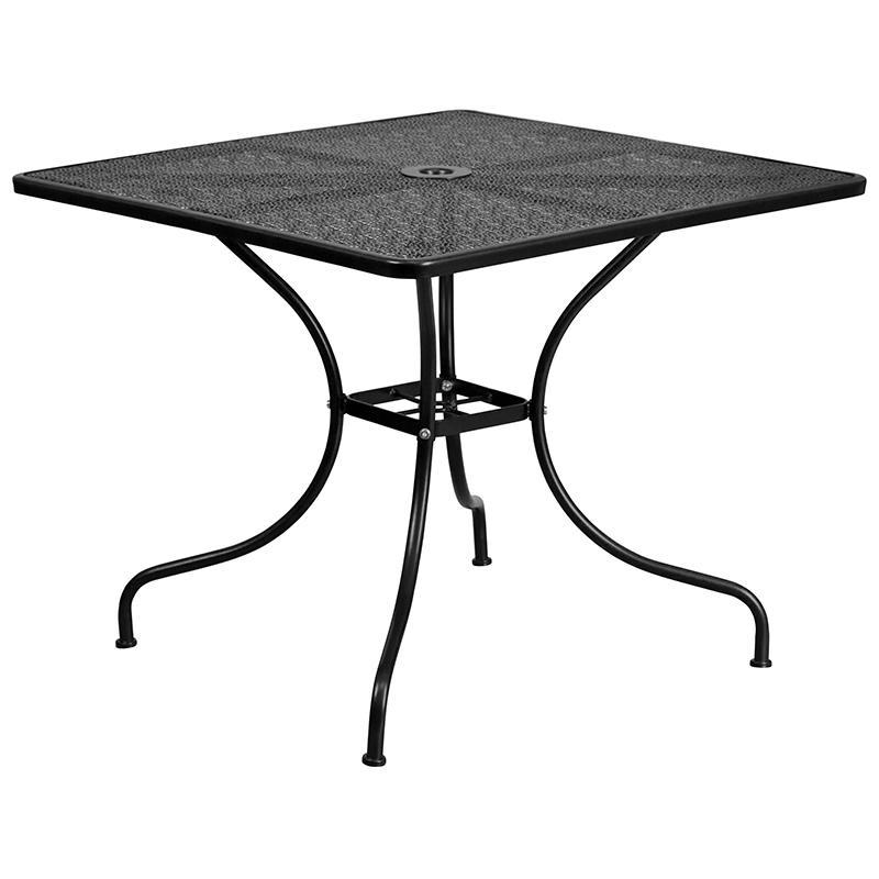 Commercial Grade 35.5" Square Black Indoor-Outdoor Steel Patio Table Set with 2 Square Back Chairs. Picture 2