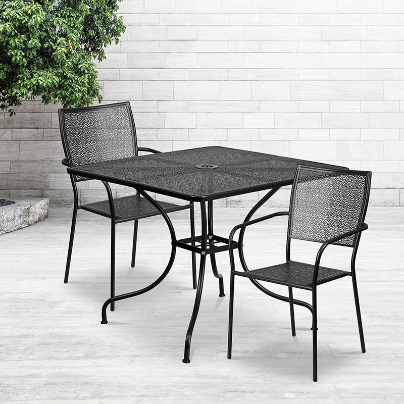 35.5" Black Indoor-Outdoor Steel Patio Table Set with 2 Back Chairs. Picture 1
