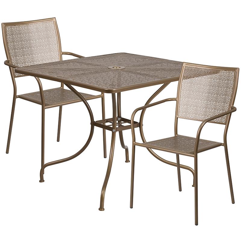 Commercial Grade 35.5" Square Gold Indoor-Outdoor Steel Patio Table Set with 2 Square Back Chairs. Picture 1