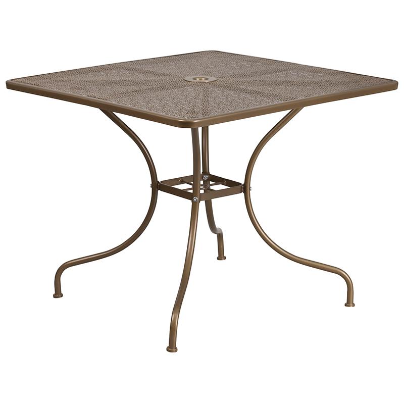 Commercial Grade 35.5" Square Gold Indoor-Outdoor Steel Patio Table Set with 2 Square Back Chairs. Picture 2
