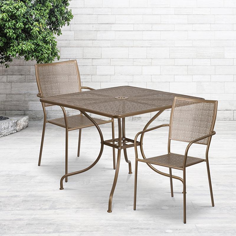 35.5" Square Gold Indoor-Outdoor Steel Patio Table Set with 2 Square Back Chairs. Picture 1