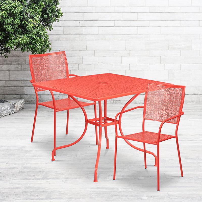 Commercial Grade 35.5" Square Coral Indoor-Outdoor Steel Patio Table Set with 2 Square Back Chairs. Picture 4