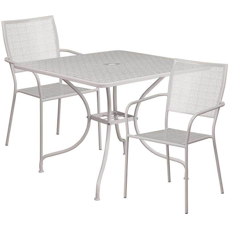 Commercial Grade 35.5" Square Light Gray Indoor-Outdoor Steel Patio Table Set with 2 Square Back Chairs. Picture 1