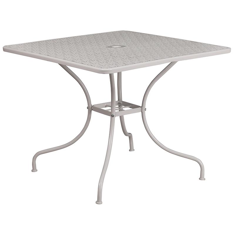 Commercial Grade 35.5" Square Light Gray Indoor-Outdoor Steel Patio Table Set with 2 Square Back Chairs. Picture 2