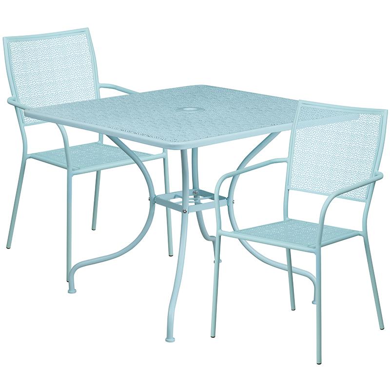 35.5" Sky Blue Indoor-Outdoor Steel Patio Table Set with 2 Back Chairs. Picture 2