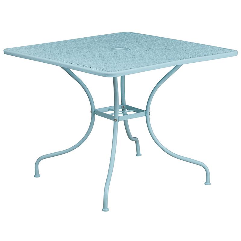 35.5" Sky Blue Indoor-Outdoor Steel Patio Table Set with 2 Back Chairs. Picture 4