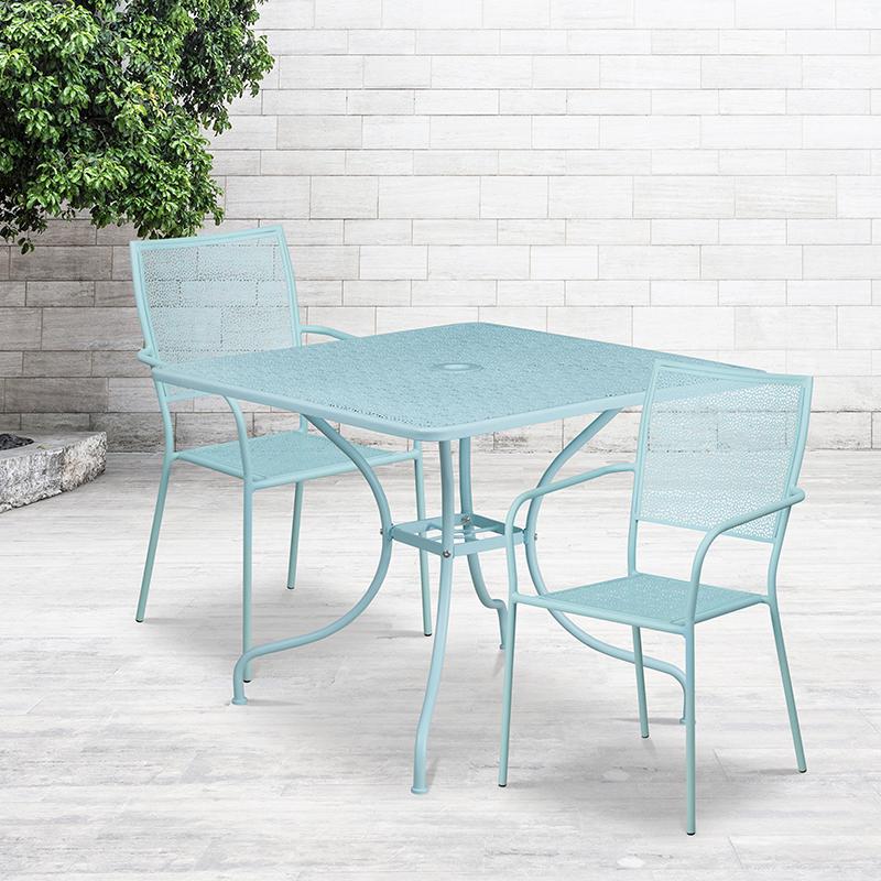 35.5" Sky Blue Indoor-Outdoor Steel Patio Table Set with 2 Back Chairs. Picture 1