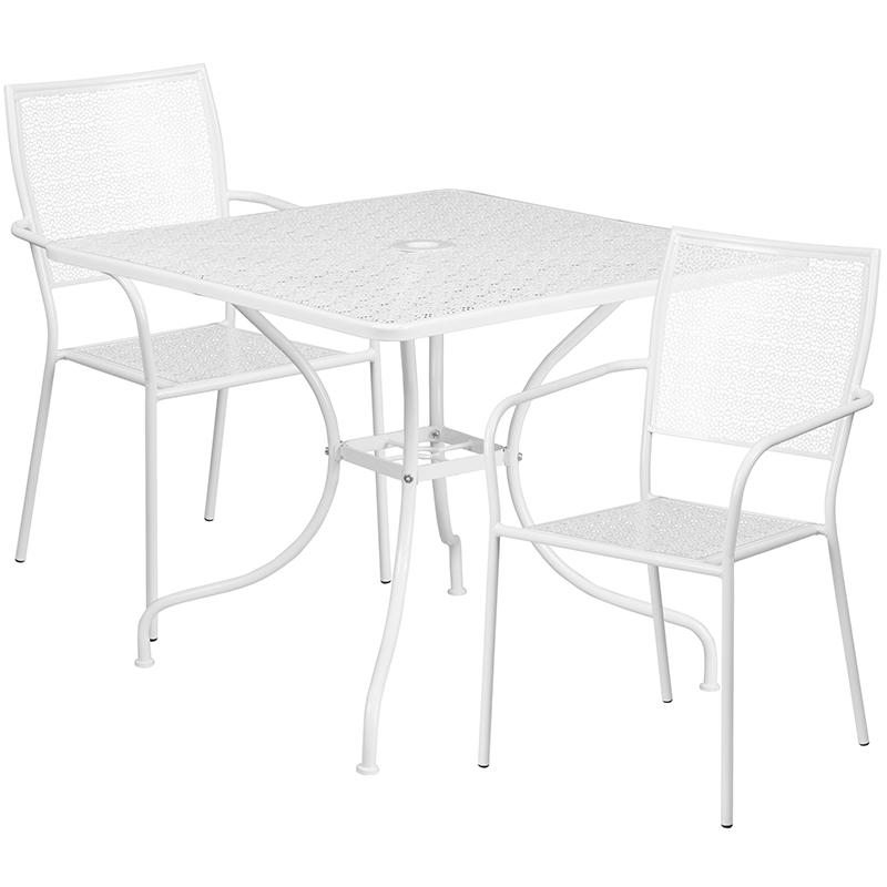Commercial Grade 35.5" Square White Indoor-Outdoor Steel Patio Table Set with 2 Square Back Chairs. Picture 1