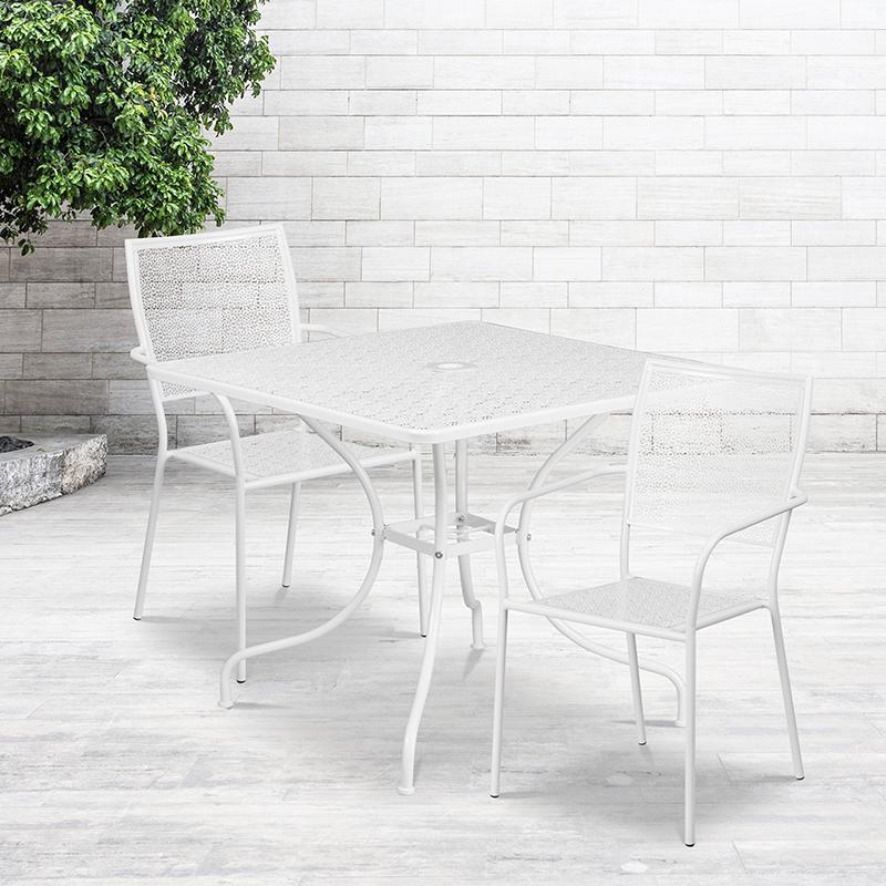 Commercial Grade 35.5" Square White Indoor-Outdoor Steel Patio Table Set with 2 Square Back Chairs. Picture 4