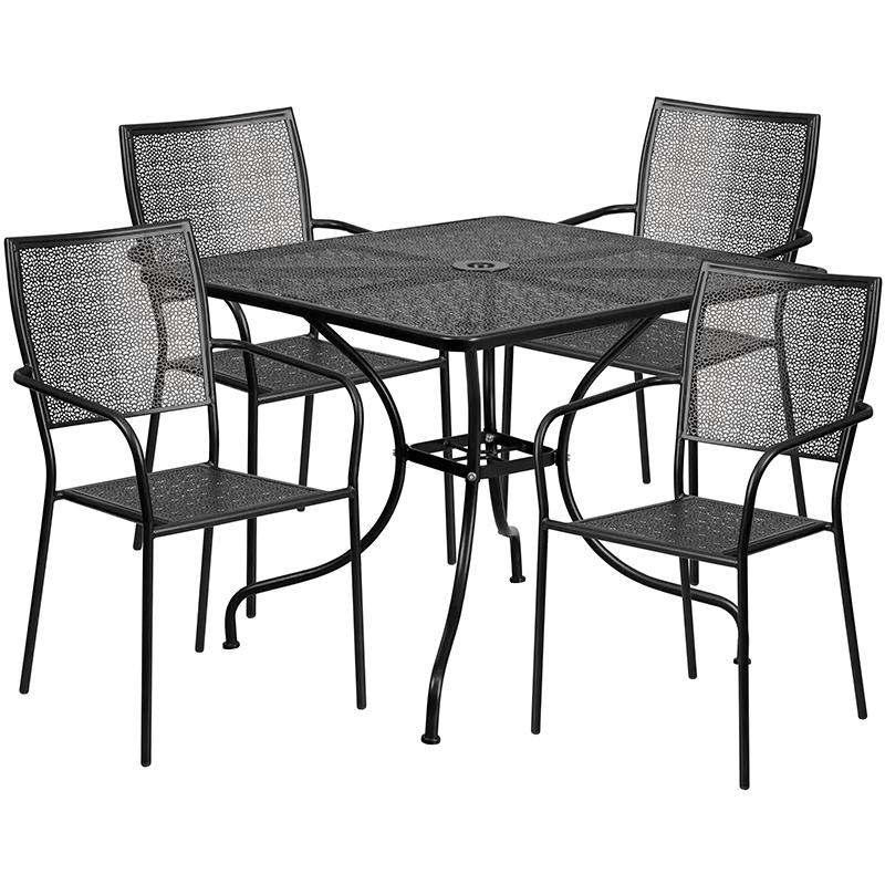 35.5" Black Indoor-Outdoor Steel Patio Table Set with 4 Back Chairs. Picture 2