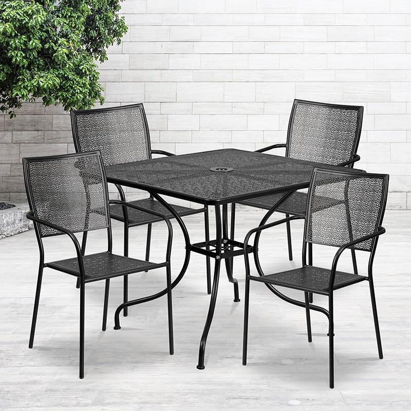 Commercial Grade 35.5" Square Black Indoor-Outdoor Steel Patio Table Set with 4 Square Back Chairs. Picture 4