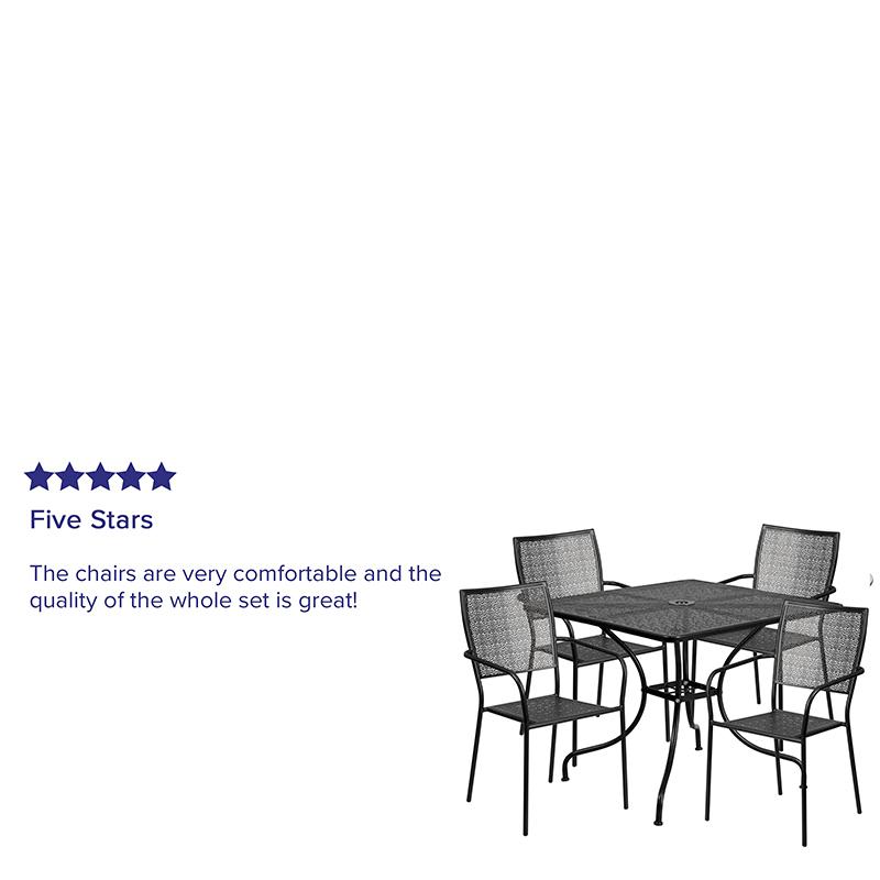 Commercial Grade 35.5" Square Black Indoor-Outdoor Steel Patio Table Set with 4 Square Back Chairs. Picture 5