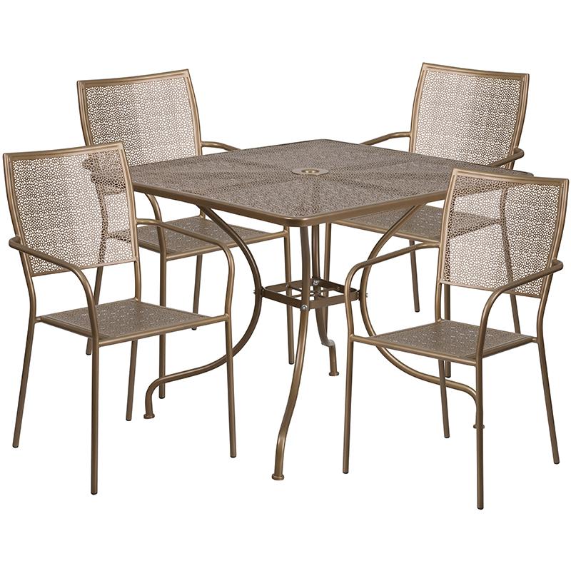 Commercial Grade 35.5" Square Gold Indoor-Outdoor Steel Patio Table Set with 4 Square Back Chairs. The main picture.