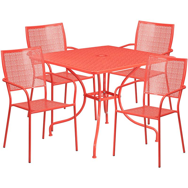 Commercial Grade 35.5" Square Coral Indoor-Outdoor Steel Patio Table Set with 4 Square Back Chairs. Picture 2