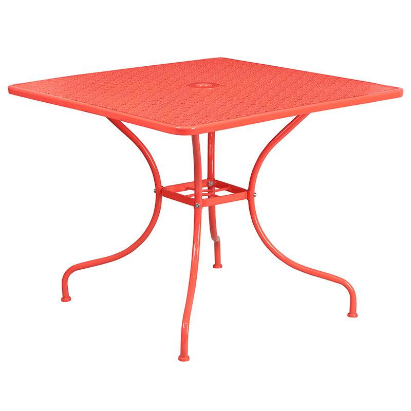 Commercial Grade 35.5" Square Coral Indoor-Outdoor Steel Patio Table Set with 4 Square Back Chairs. Picture 4
