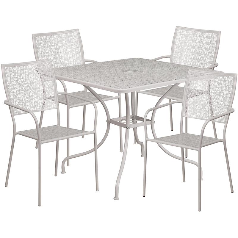 Commercial Grade 35.5" Square Light Gray Indoor-Outdoor Steel Patio Table Set with 4 Square Back Chairs. The main picture.