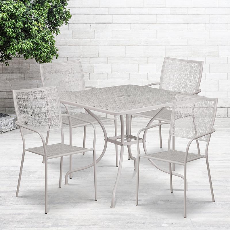 Commercial Grade 35.5" Square Light Gray Indoor-Outdoor Steel Patio Table Set with 4 Square Back Chairs. Picture 4