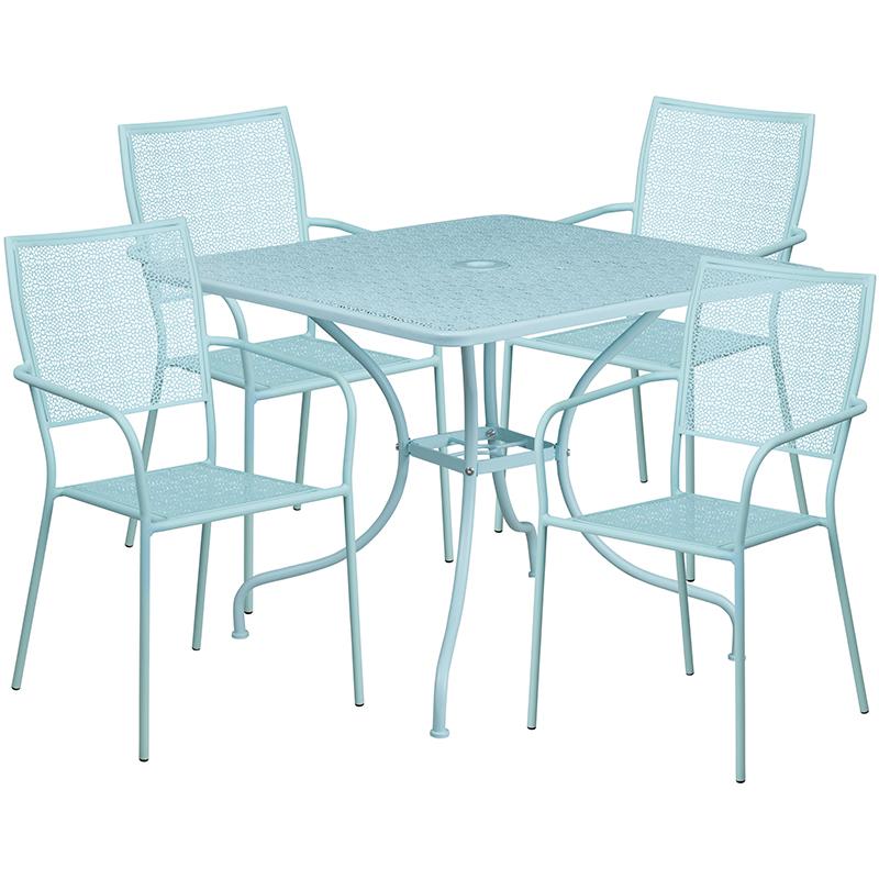 Commercial Grade 35.5" Square Sky Blue Indoor-Outdoor Steel Patio Table Set with 4 Square Back Chairs. Picture 1