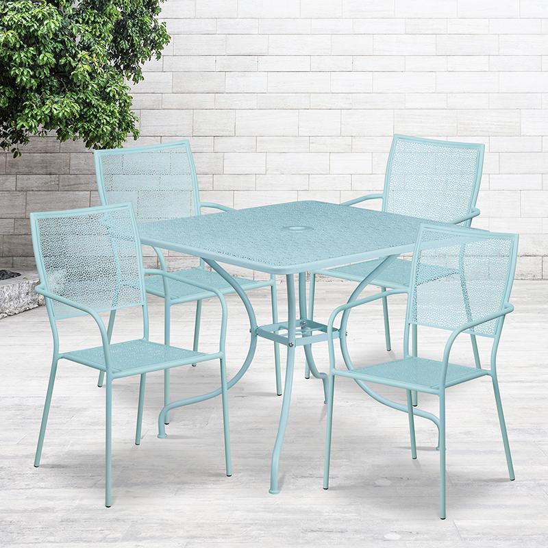 35.5" Sky Blue Indoor-Outdoor Steel Patio Table Set with 4 Back Chairs. Picture 1
