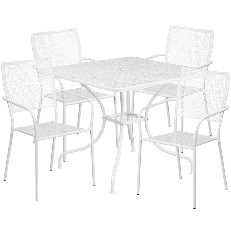 Commercial Grade 35.5" Square White Indoor-Outdoor Steel Patio Table Set with 4 Square Back Chairs. Picture 1
