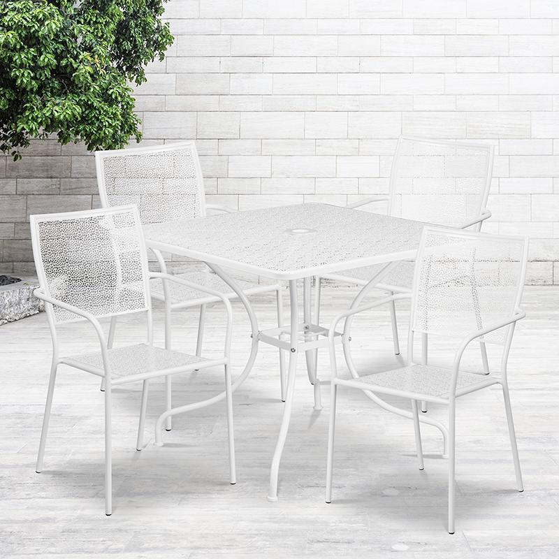 Commercial Grade 35.5" Square White Indoor-Outdoor Steel Patio Table Set with 4 Square Back Chairs. Picture 4