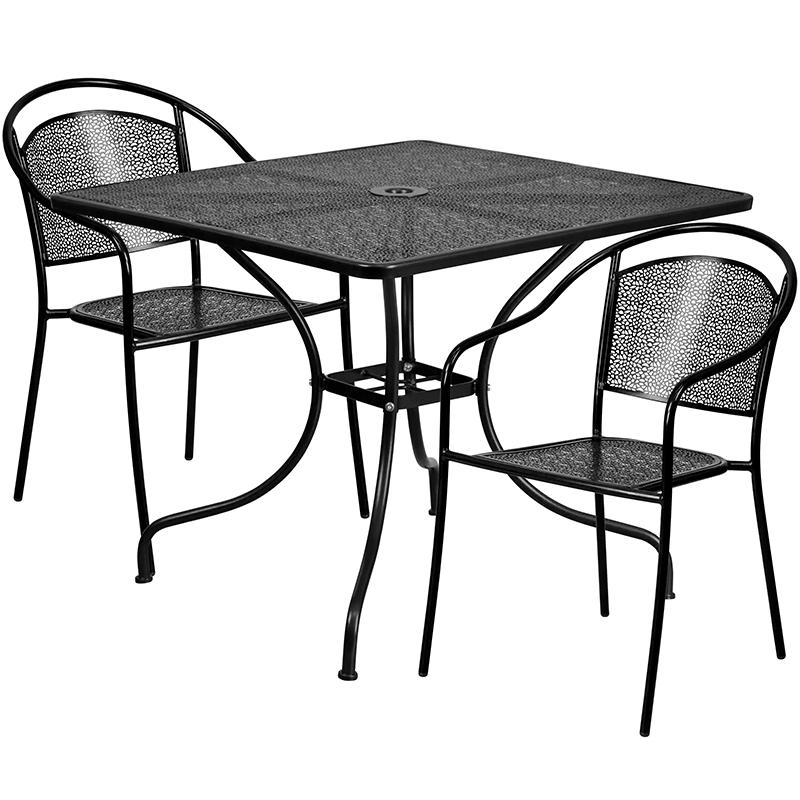Commercial Grade 35.5" Square Black Indoor-Outdoor Steel Patio Table Set with 2 Round Back Chairs. The main picture.