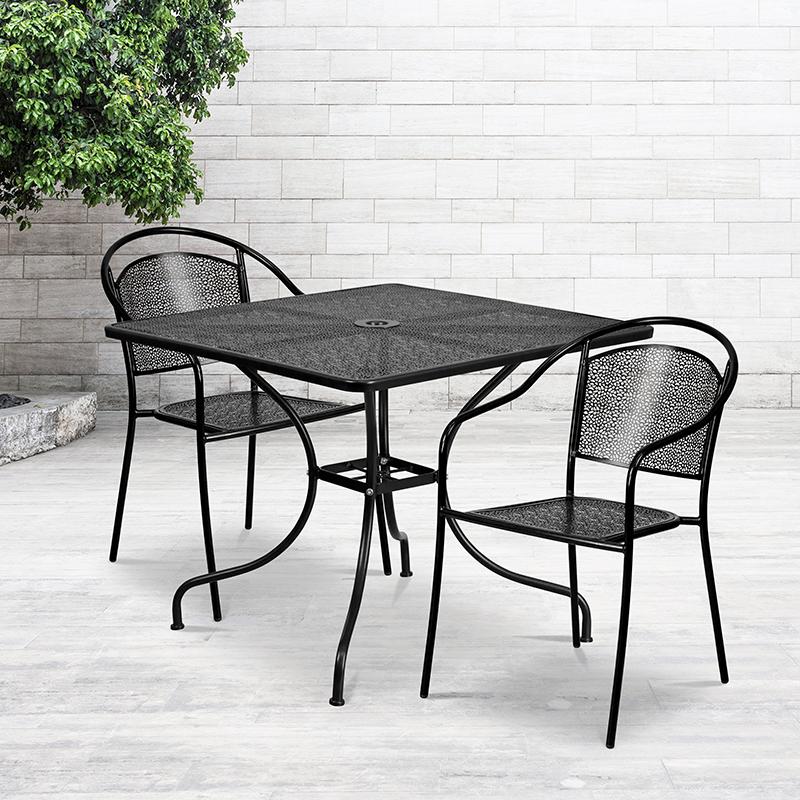 Commercial Grade 35.5" Square Black Indoor-Outdoor Steel Patio Table Set with 2 Round Back Chairs. Picture 4