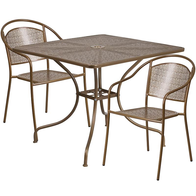 35.5" Square Gold Indoor-Outdoor Steel Patio Table Set with 2 Round Back Chairs. Picture 2