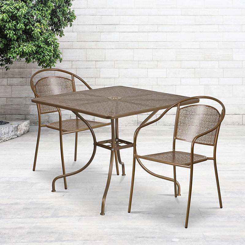 Commercial Grade 35.5" Square Gold Indoor-Outdoor Steel Patio Table Set with 2 Round Back Chairs. Picture 4