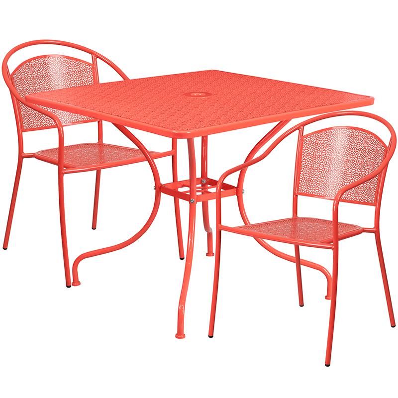 Commercial Grade 35.5" Square Coral Indoor-Outdoor Steel Patio Table Set with 2 Round Back Chairs. Picture 1
