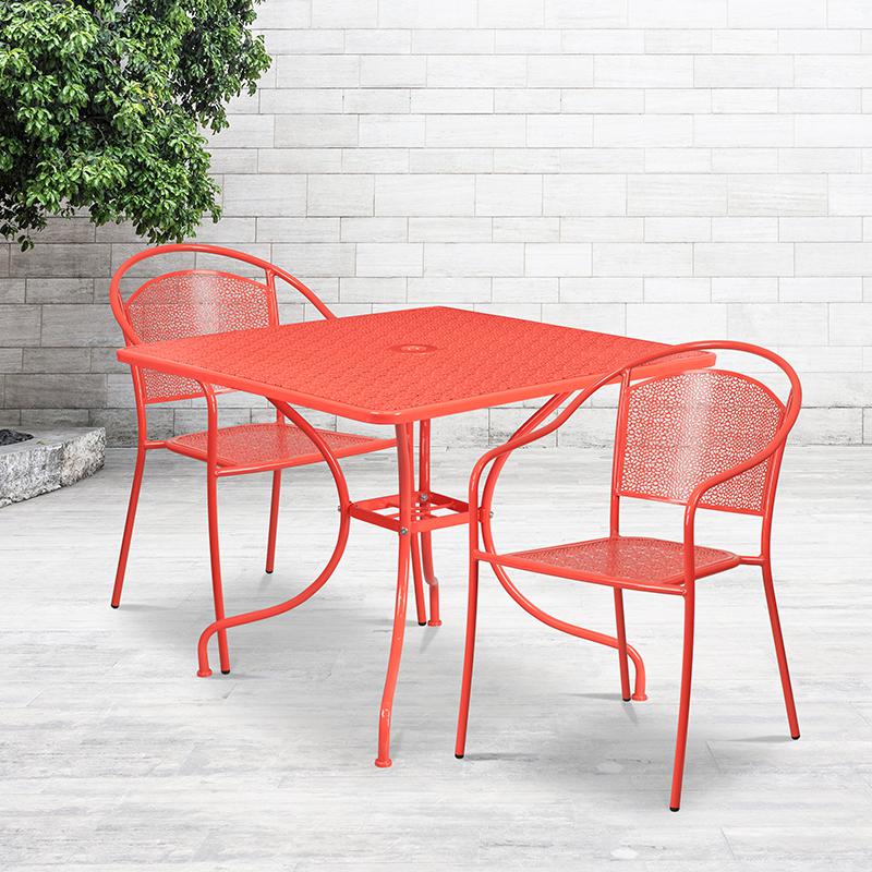 Commercial Grade 35.5" Square Coral Indoor-Outdoor Steel Patio Table Set with 2 Round Back Chairs. Picture 4
