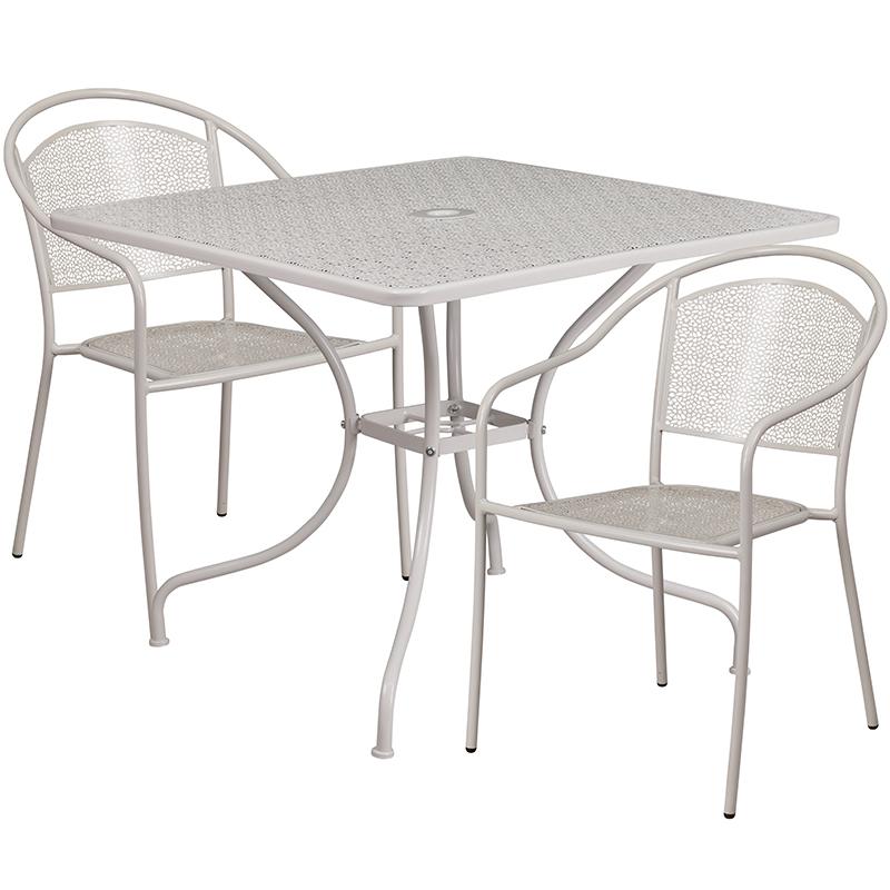 Commercial Grade 35.5" Square Light Gray Indoor-Outdoor Steel Patio Table Set with 2 Round Back Chairs. Picture 2
