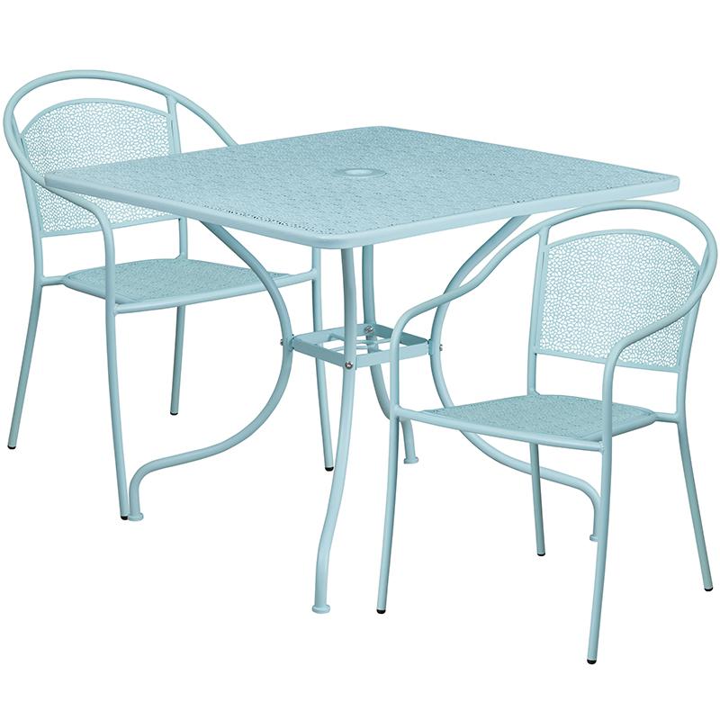Commercial Grade 35.5" Square Sky Blue Indoor-Outdoor Steel Patio Table Set with 2 Round Back Chairs. The main picture.