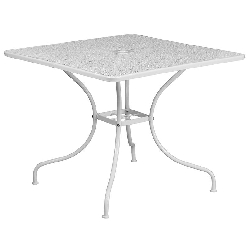 Commercial Grade 35.5" Square White Indoor-Outdoor Steel Patio Table Set with 2 Round Back Chairs. Picture 4