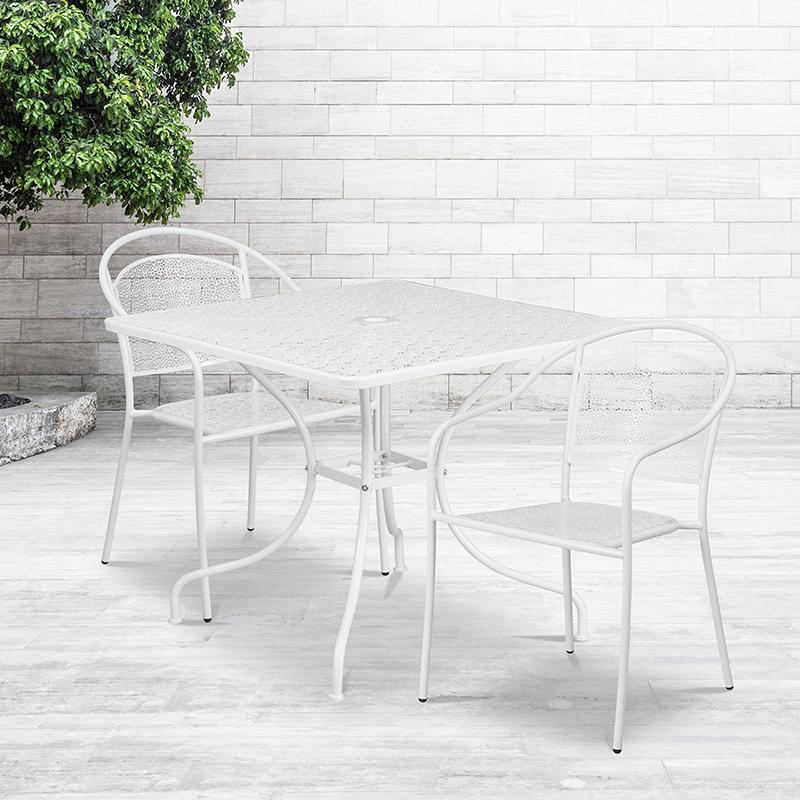 Commercial Grade 35.5" Square White Indoor-Outdoor Steel Patio Table Set with 2 Round Back Chairs. Picture 1