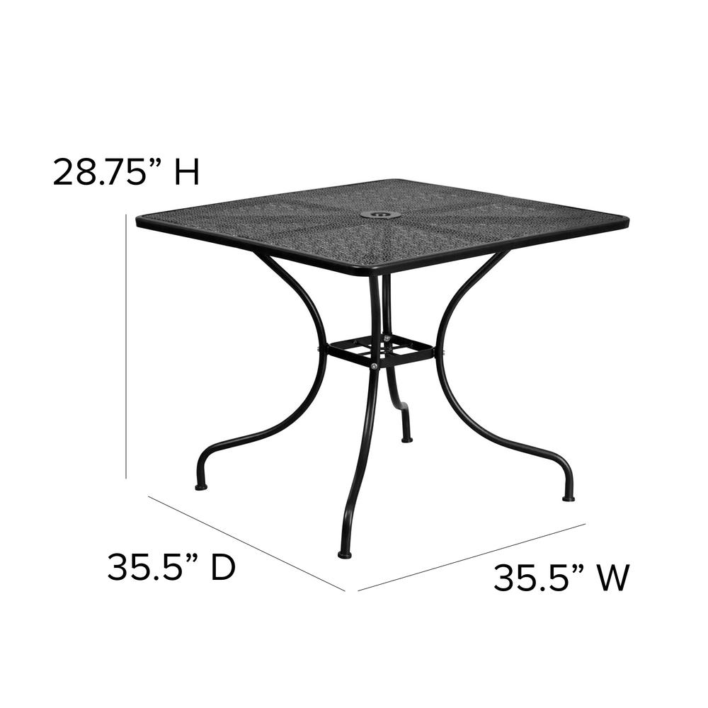 Commercial Grade 35.5" Square Black Indoor-Outdoor Steel Patio Table Set with 4 Round Back Chairs. Picture 2