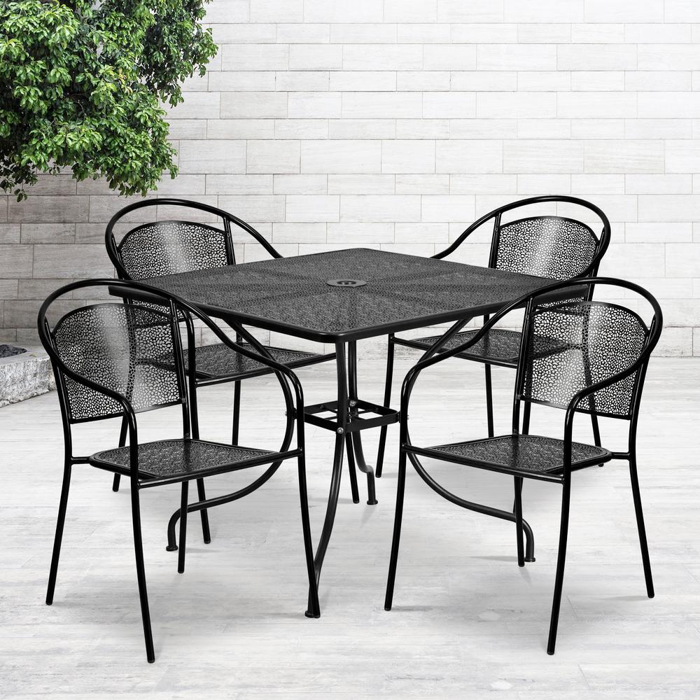 Commercial Grade 35.5" Square Black Indoor-Outdoor Steel Patio Table Set with 4 Round Back Chairs. Picture 5