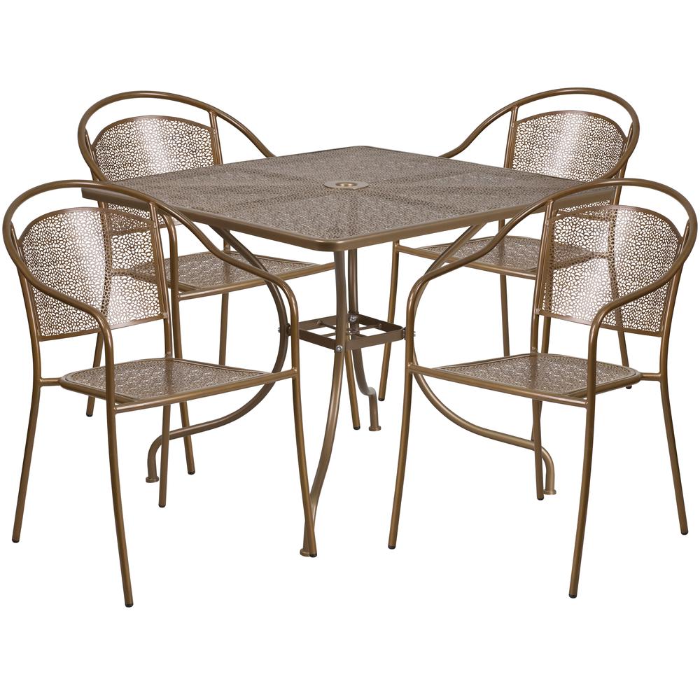 Commercial Grade 35.5" Square Gold Indoor-Outdoor Steel Patio Table Set with 4 Round Back Chairs. Picture 1