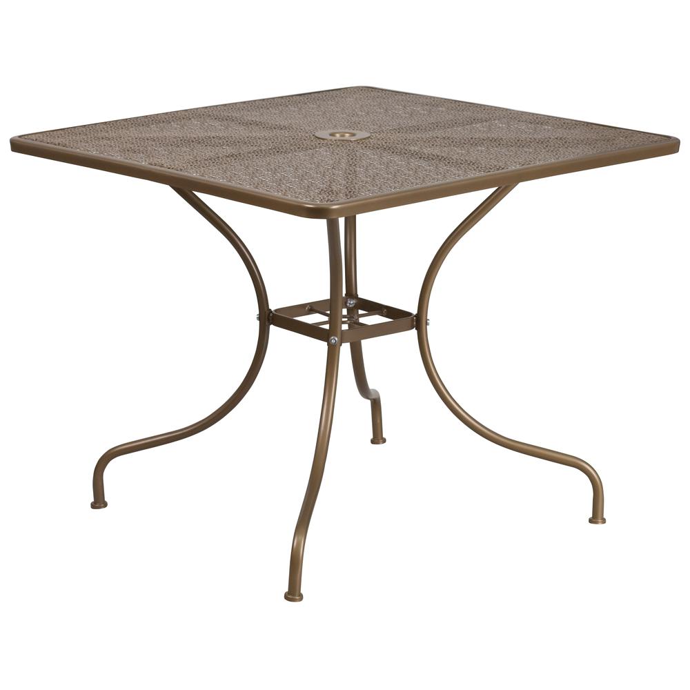 Commercial Grade 35.5" Square Gold Indoor-Outdoor Steel Patio Table Set with 4 Round Back Chairs. Picture 2