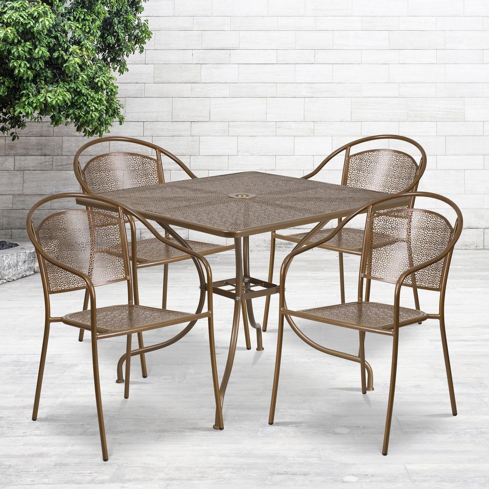 Commercial Grade 35.5" Square Gold Indoor-Outdoor Steel Patio Table Set with 4 Round Back Chairs. Picture 4