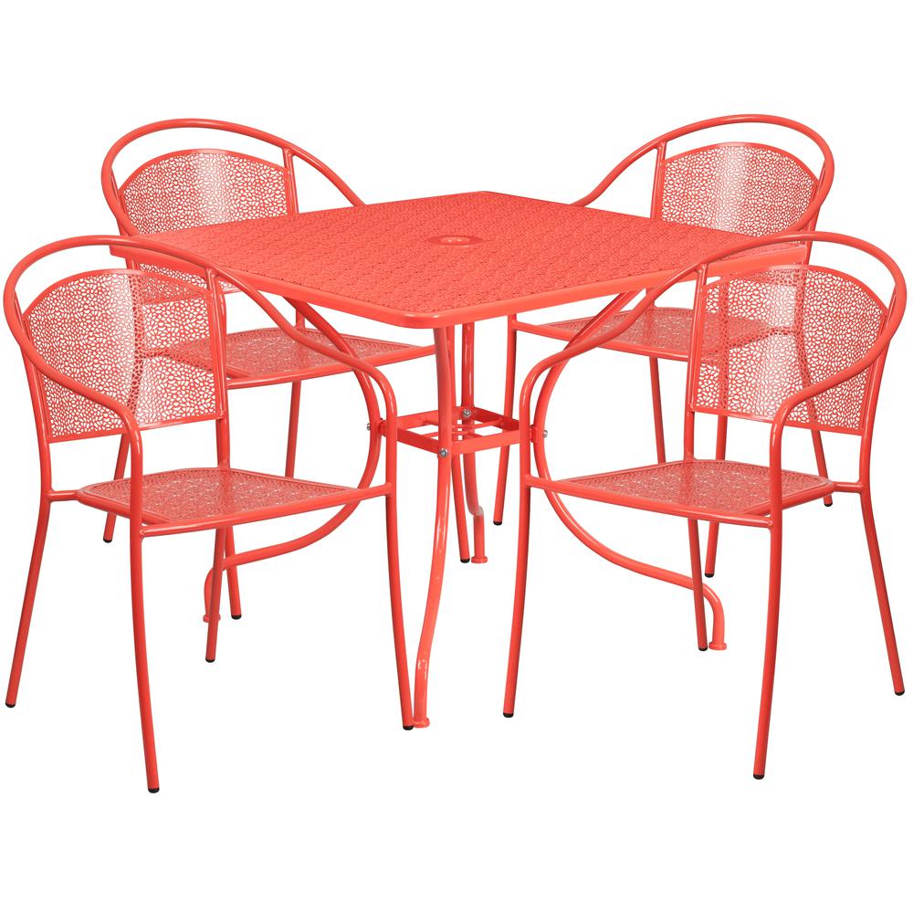 35.5" Square Coral Indoor-Outdoor Steel Patio Table Set with 4 Round Back Chairs. Picture 2