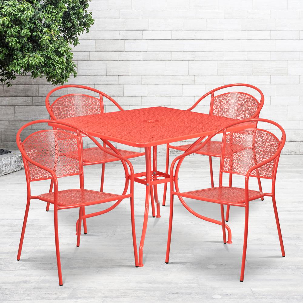 35.5" Square Coral Indoor-Outdoor Steel Patio Table Set with 4 Round Back Chairs. Picture 1