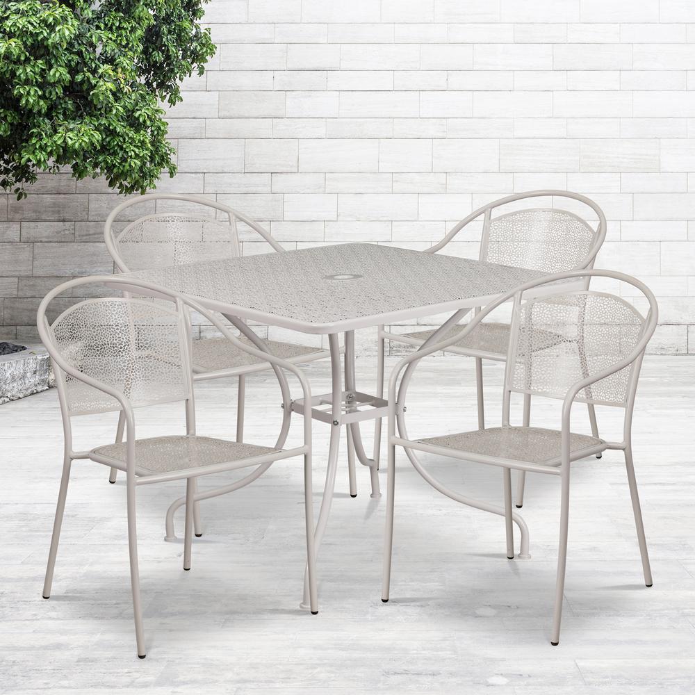Commercial Grade 35.5" Square Light Gray Indoor-Outdoor Steel Patio Table Set with 4 Round Back Chairs. Picture 4
