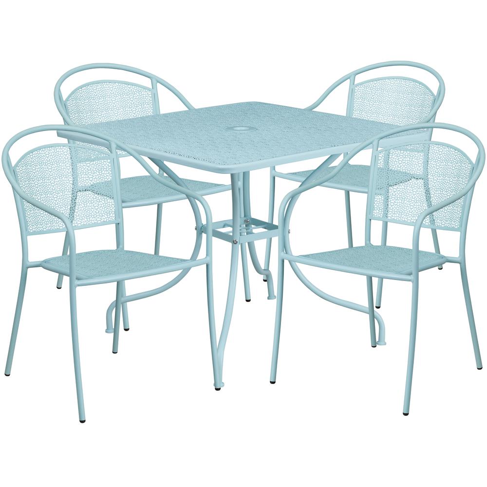 Commercial Grade 35.5" Square Sky Blue Indoor-Outdoor Steel Patio Table Set with 4 Round Back Chairs. Picture 1