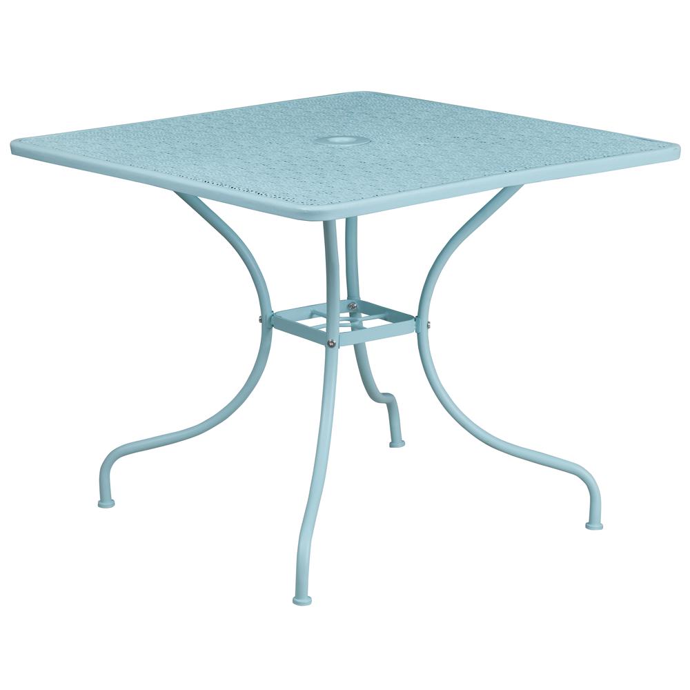 Commercial Grade 35.5" Square Sky Blue Indoor-Outdoor Steel Patio Table Set with 4 Round Back Chairs. Picture 2